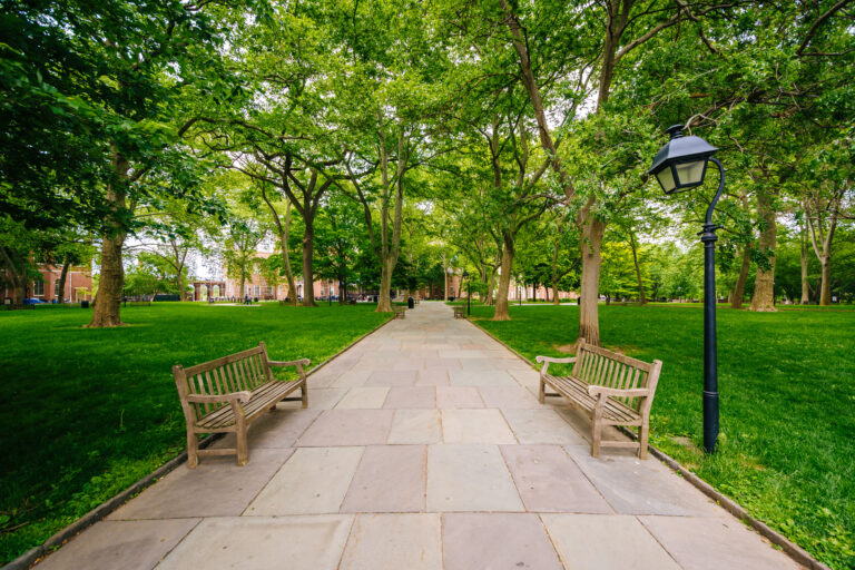 Benches and walkway at Independence Mall, in Philadelphia, Pennsylvania